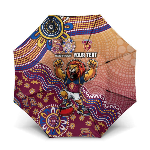 Personalized Brisbane Lions Football Mascot Umbrella Aboriginal Dot Art Style Vibrant Indigenous Pattern Design