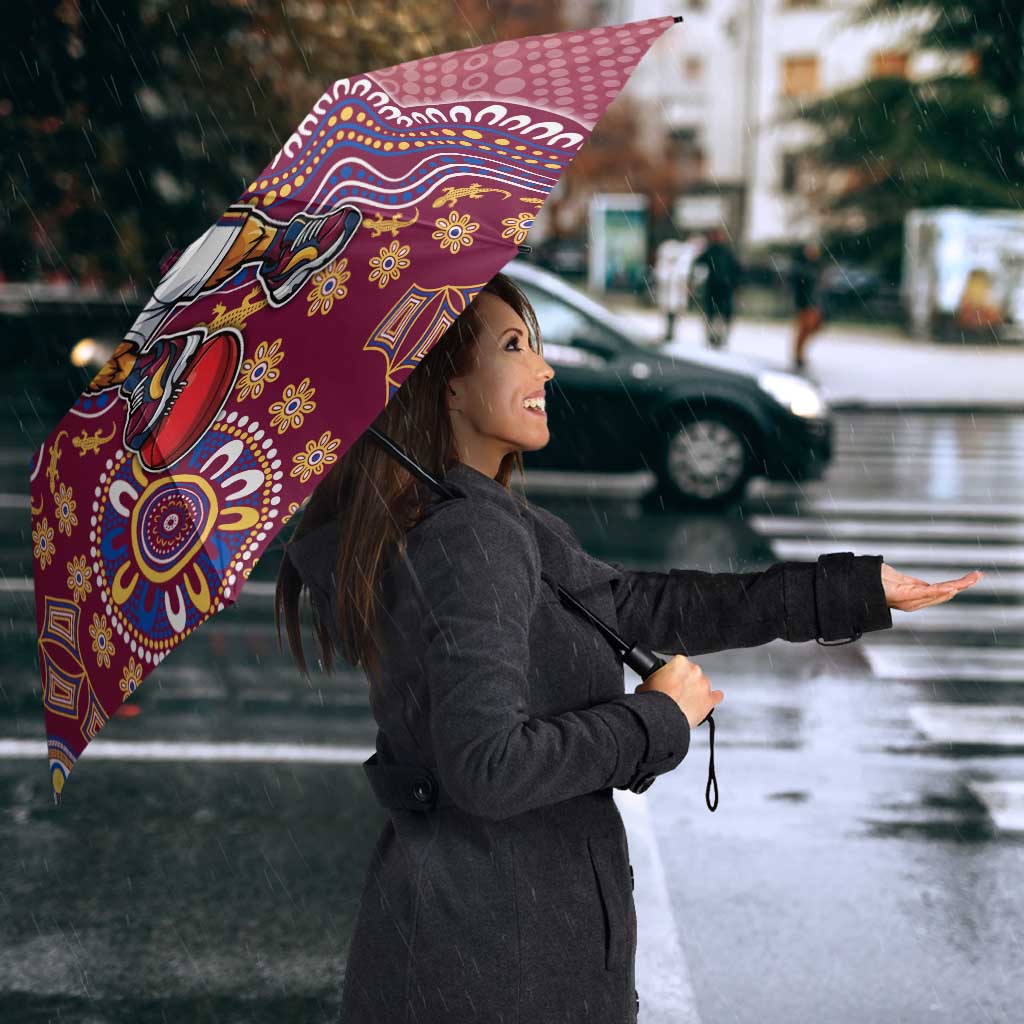 Personalized Brisbane Lions Football Mascot Umbrella Aboriginal Dot Art Style Vibrant Indigenous Pattern Design