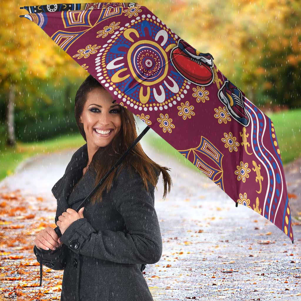 Personalized Brisbane Lions Football Mascot Umbrella Aboriginal Dot Art Style Vibrant Indigenous Pattern Design