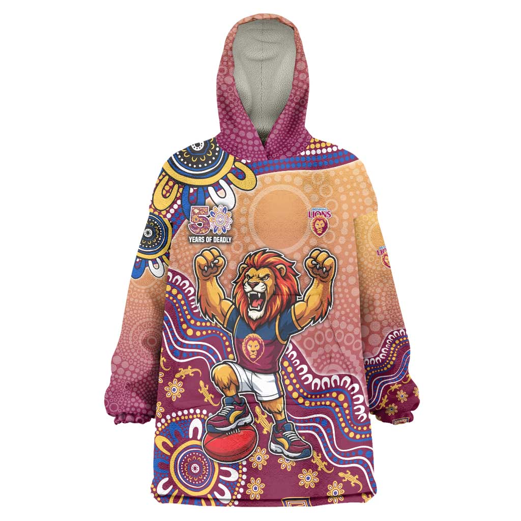 Personalized Brisbane Lions Football Mascot Wearable Blanket Hoodie Aboriginal Dot Art Style Vibrant Indigenous Pattern Design