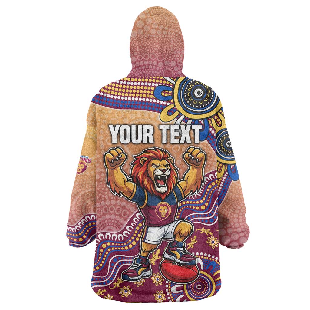 Personalized Brisbane Lions Football Mascot Wearable Blanket Hoodie Aboriginal Dot Art Style Vibrant Indigenous Pattern Design