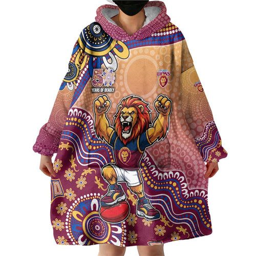 Personalized Brisbane Lions Football Mascot Wearable Blanket Hoodie Aboriginal Dot Art Style Vibrant Indigenous Pattern Design