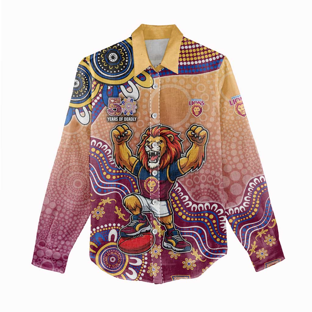 Personalized Brisbane Lions Football Mascot Women Casual Shirt Aboriginal Dot Art Style Vibrant Indigenous Pattern Design
