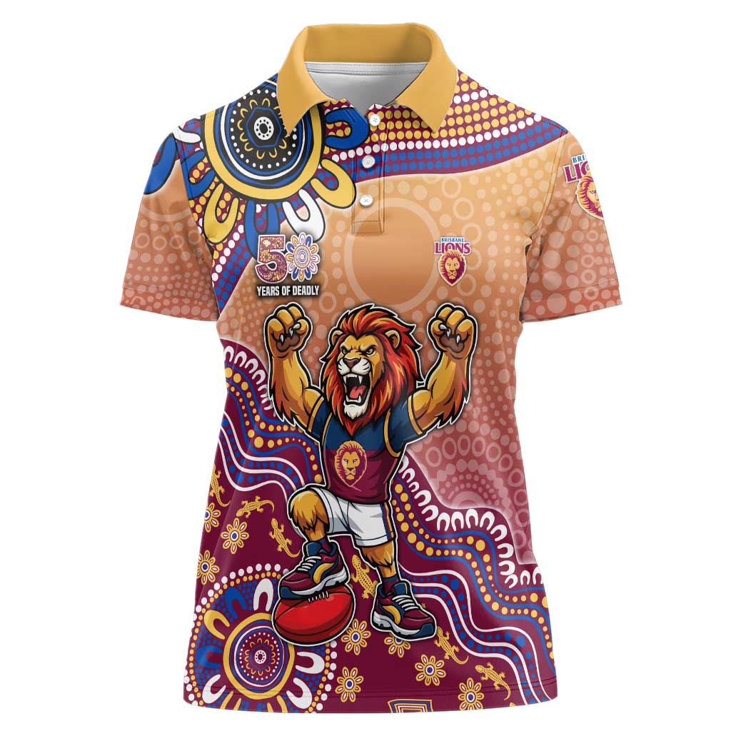 Personalized Brisbane Lions Football Mascot Women Polo Shirt Aboriginal Dot Art Style Vibrant Indigenous Pattern Design