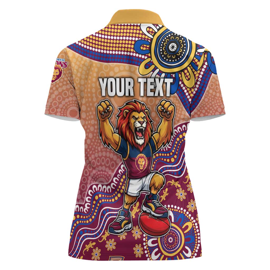 Personalized Brisbane Lions Football Mascot Women Polo Shirt Aboriginal Dot Art Style Vibrant Indigenous Pattern Design