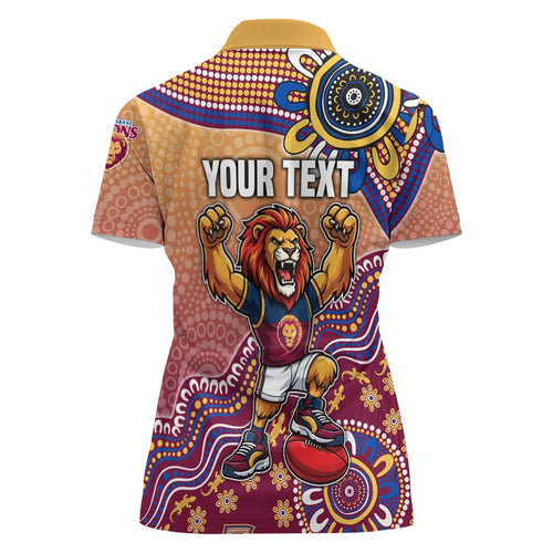 Personalized Brisbane Lions Football Mascot Women Polo Shirt Aboriginal Dot Art Style Vibrant Indigenous Pattern Design
