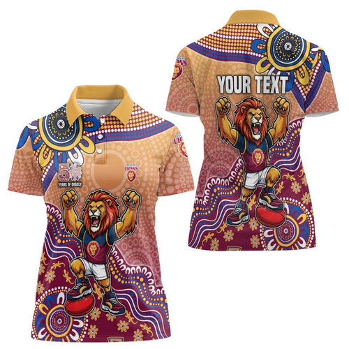 Personalized Brisbane Lions Football Mascot Women Polo Shirt Aboriginal Dot Art Style Vibrant Indigenous Pattern Design