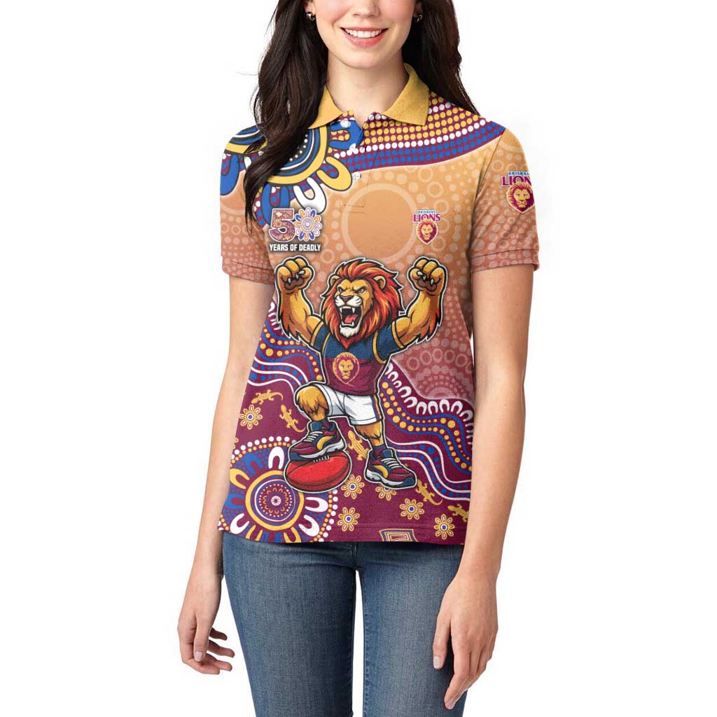 Personalized Brisbane Lions Football Mascot Women Polo Shirt Aboriginal Dot Art Style Vibrant Indigenous Pattern Design