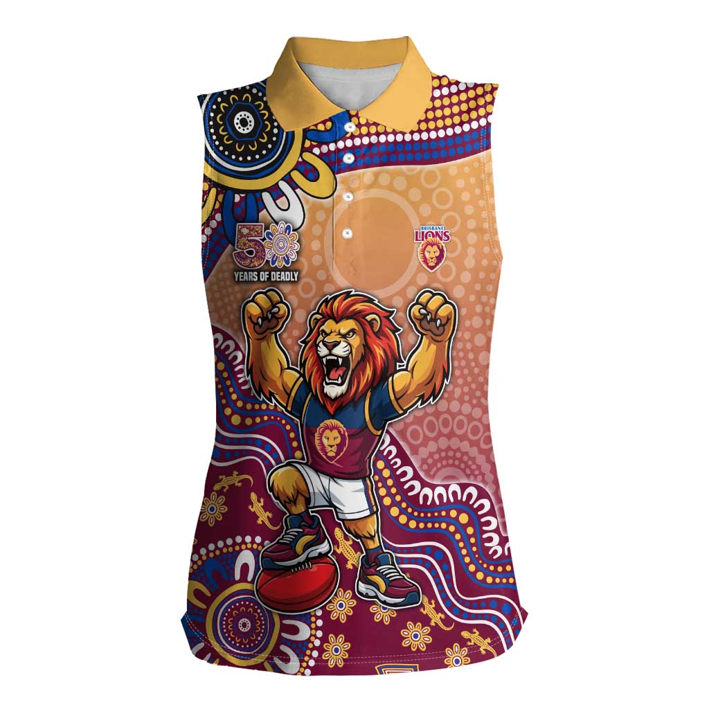 Personalized Brisbane Lions Football Mascot Women Sleeveless Polo Shirt Aboriginal Dot Art Style Vibrant Indigenous Pattern Design