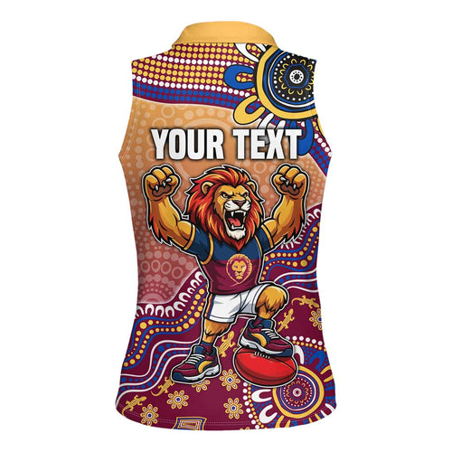 Personalized Brisbane Lions Football Mascot Women Sleeveless Polo Shirt Aboriginal Dot Art Style Vibrant Indigenous Pattern Design