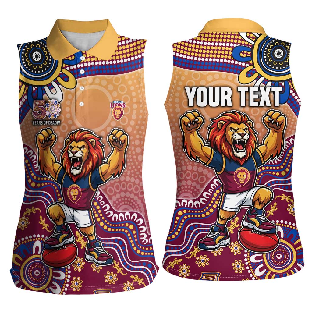 Personalized Brisbane Lions Football Mascot Women Sleeveless Polo Shirt Aboriginal Dot Art Style Vibrant Indigenous Pattern Design