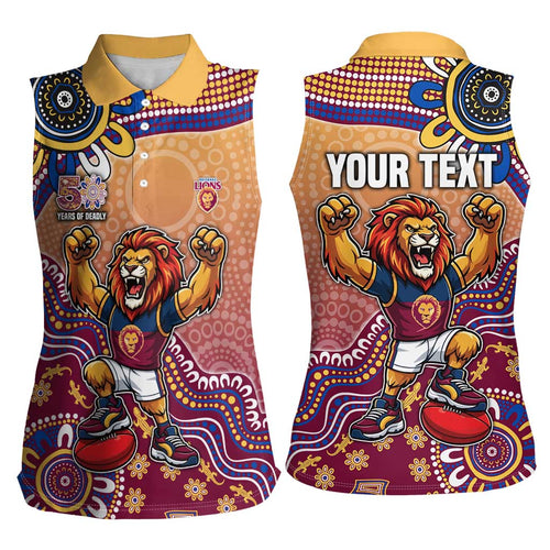 Personalized Brisbane Lions Football Mascot Women Sleeveless Polo Shirt Aboriginal Dot Art Style Vibrant Indigenous Pattern Design