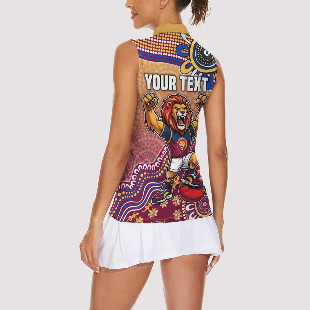 Personalized Brisbane Lions Football Mascot Women Sleeveless Polo Shirt Aboriginal Dot Art Style Vibrant Indigenous Pattern Design
