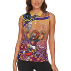 Personalized Brisbane Lions Football Mascot Women Sleeveless Polo Shirt Aboriginal Dot Art Style Vibrant Indigenous Pattern Design