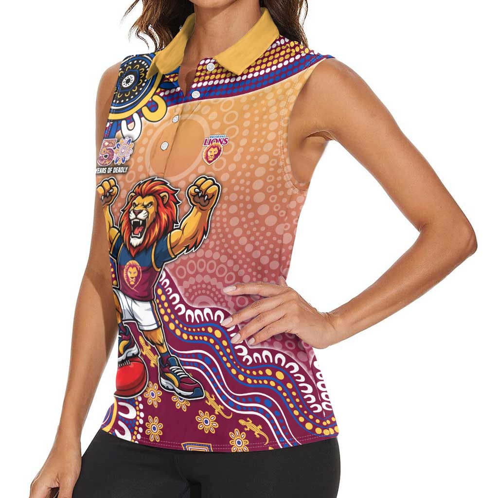 Personalized Brisbane Lions Football Mascot Women Sleeveless Polo Shirt Aboriginal Dot Art Style Vibrant Indigenous Pattern Design