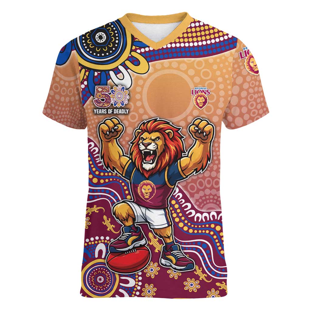 Personalized Brisbane Lions Football Mascot Women V-Neck T-Shirt Aboriginal Dot Art Style Vibrant Indigenous Pattern Design