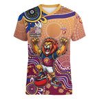 Personalized Brisbane Lions Football Mascot Women V-Neck T-Shirt Aboriginal Dot Art Style Vibrant Indigenous Pattern Design
