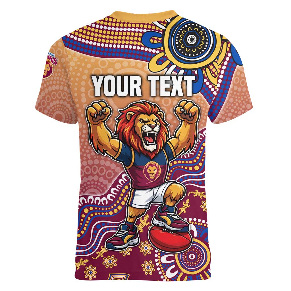 Personalized Brisbane Lions Football Mascot Women V-Neck T-Shirt Aboriginal Dot Art Style Vibrant Indigenous Pattern Design
