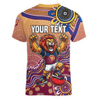 Personalized Brisbane Lions Football Mascot Women V-Neck T-Shirt Aboriginal Dot Art Style Vibrant Indigenous Pattern Design