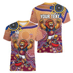 Personalized Brisbane Lions Football Mascot Women V-Neck T-Shirt Aboriginal Dot Art Style Vibrant Indigenous Pattern Design