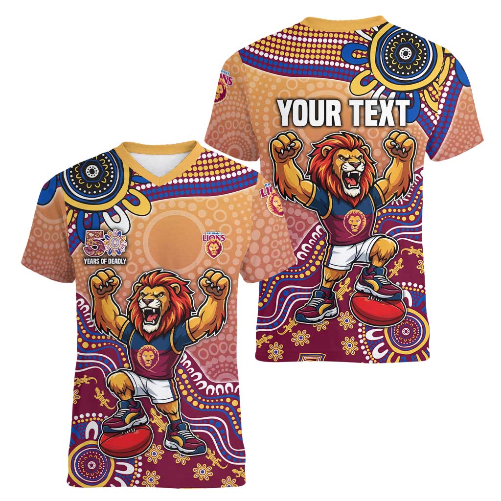 Personalized Brisbane Lions Football Mascot Women V-Neck T-Shirt Aboriginal Dot Art Style Vibrant Indigenous Pattern Design