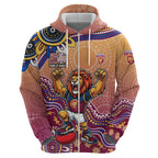 Personalized Brisbane Lions Football Mascot Zip Hoodie Aboriginal Dot Art Style Vibrant Indigenous Pattern Design