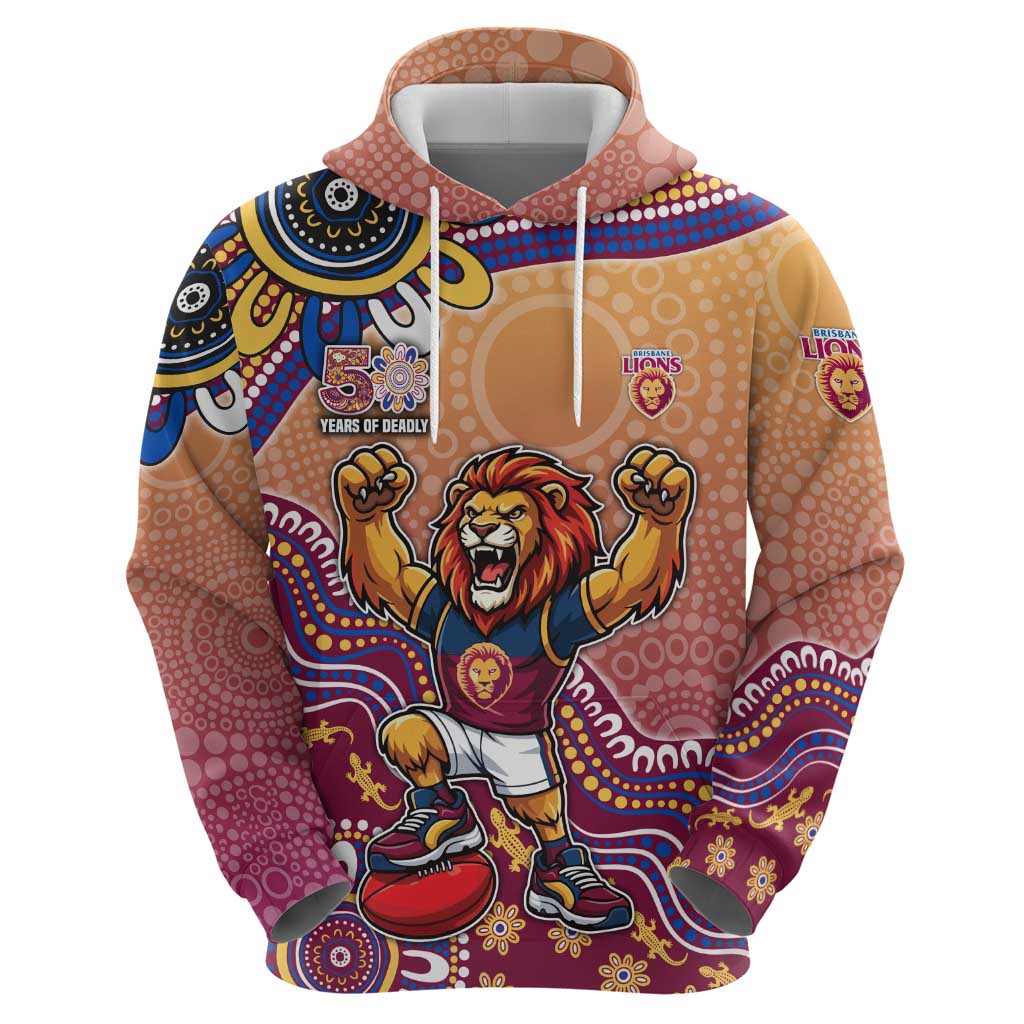 Personalized Brisbane Lions Football Mascot Zip Hoodie Aboriginal Dot Art Style Vibrant Indigenous Pattern Design