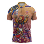 Personalized Brisbane Lions Football Mascot Zipper Polo Shirt Aboriginal Dot Art Style Vibrant Indigenous Pattern Design
