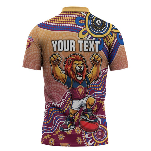 Personalized Brisbane Lions Football Mascot Zipper Polo Shirt Aboriginal Dot Art Style Vibrant Indigenous Pattern Design
