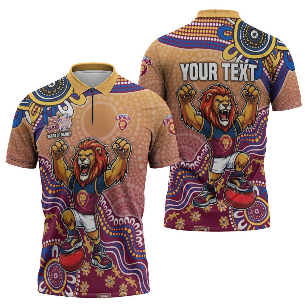 Personalized Brisbane Lions Football Mascot Zipper Polo Shirt Aboriginal Dot Art Style Vibrant Indigenous Pattern Design