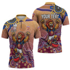 Personalized Brisbane Lions Football Mascot Zipper Polo Shirt Aboriginal Dot Art Style Vibrant Indigenous Pattern Design