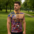 Personalized Brisbane Lions Football Mascot Zipper Polo Shirt Aboriginal Dot Art Style Vibrant Indigenous Pattern Design