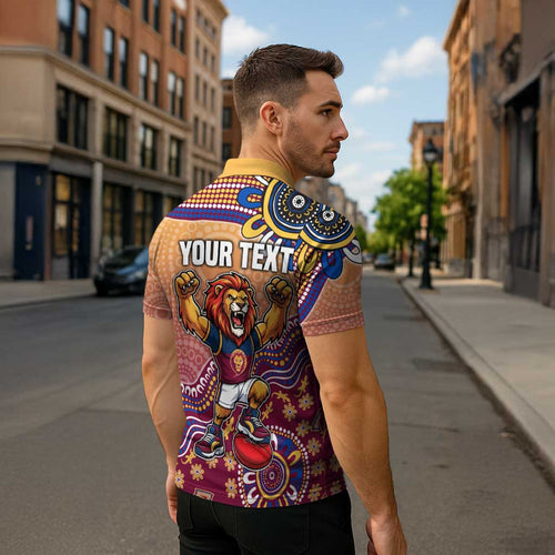 Personalized Brisbane Lions Football Mascot Zipper Polo Shirt Aboriginal Dot Art Style Vibrant Indigenous Pattern Design