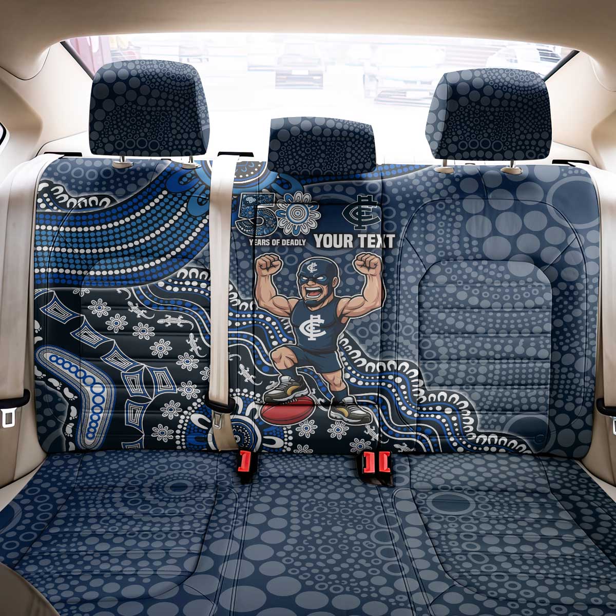 Personalized Carlton Blues Football Mascot Back Car Seat Cover Aboriginal Dot Art Style Vibrant Indigenous Pattern Design