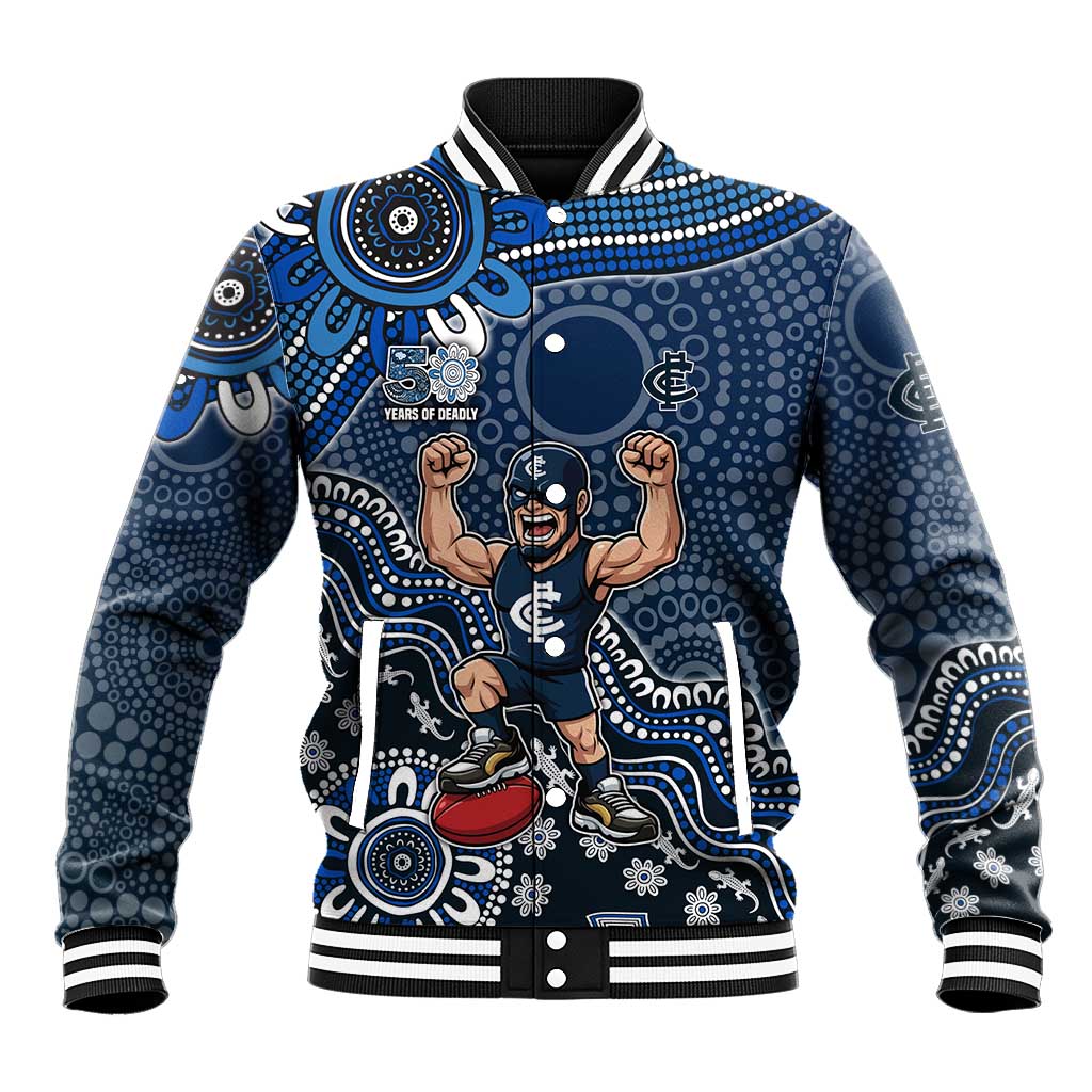 Personalized Carlton Blues Football Mascot Baseball Jacket Aboriginal Dot Art Style Vibrant Indigenous Pattern Design