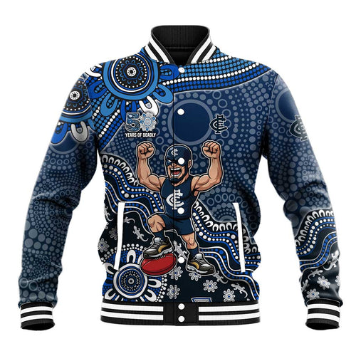 Personalized Carlton Blues Football Mascot Baseball Jacket Aboriginal Dot Art Style Vibrant Indigenous Pattern Design