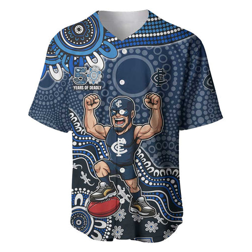 Personalized Carlton Blues Football Mascot Baseball Jersey Aboriginal Dot Art Style Vibrant Indigenous Pattern Design