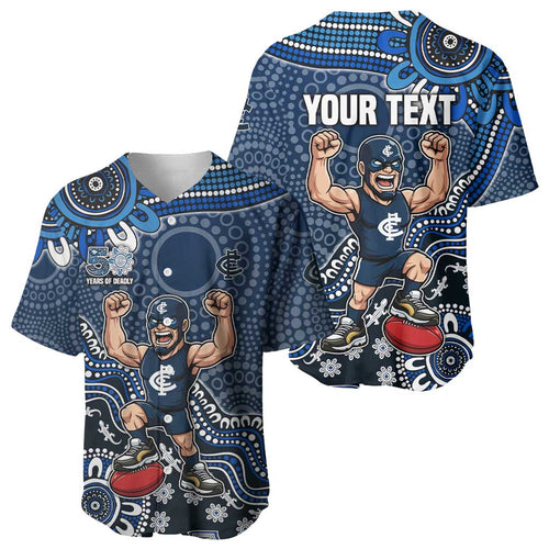 Personalized Carlton Blues Football Mascot Baseball Jersey Aboriginal Dot Art Style Vibrant Indigenous Pattern Design
