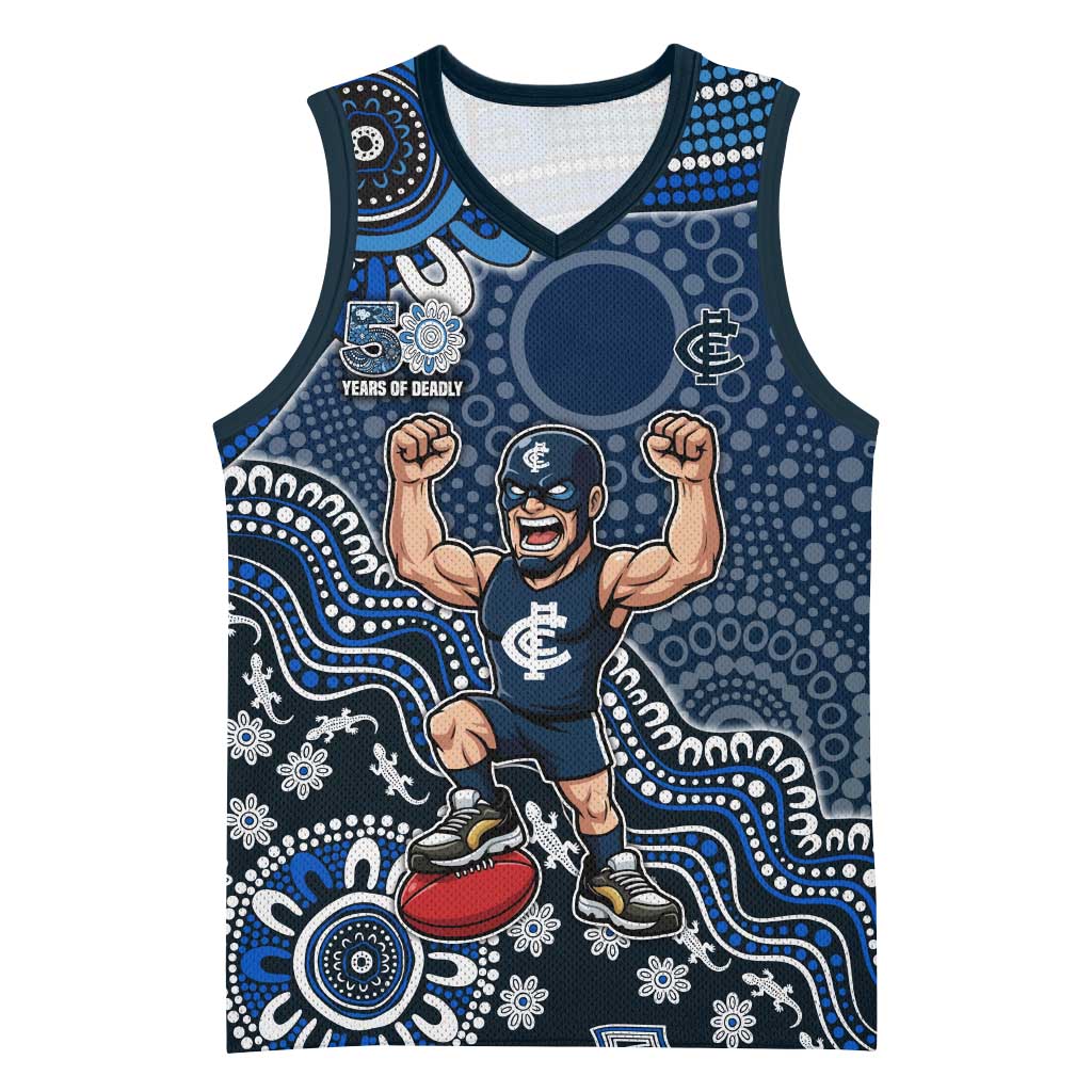 Personalized Carlton Blues Football Mascot Basketball Jersey Aboriginal Dot Art Style Vibrant Indigenous Pattern Design