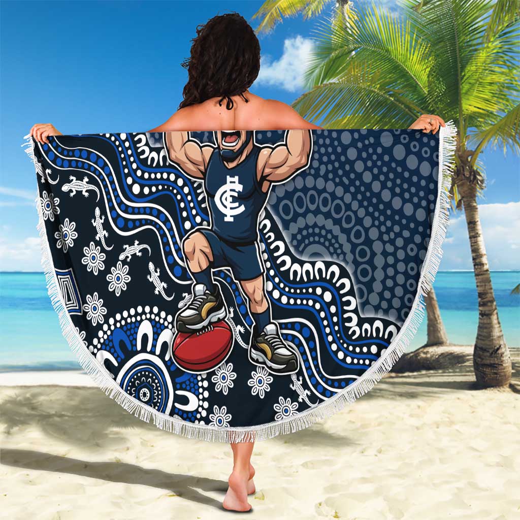 Personalized Carlton Blues Football Mascot Beach Blanket Aboriginal Dot Art Style Vibrant Indigenous Pattern Design