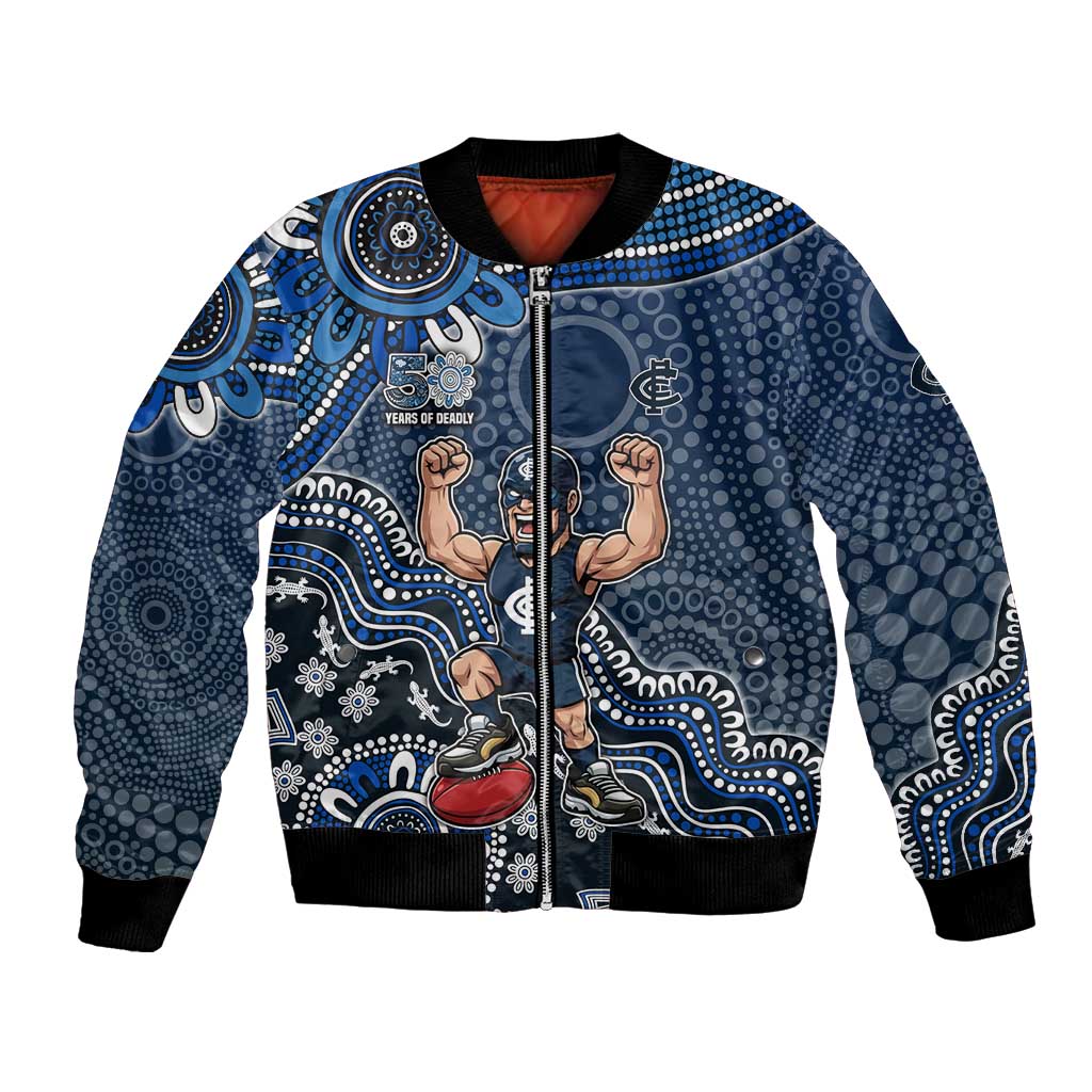 Personalized Carlton Blues Football Mascot Bomber Jacket Aboriginal Dot Art Style Vibrant Indigenous Pattern Design
