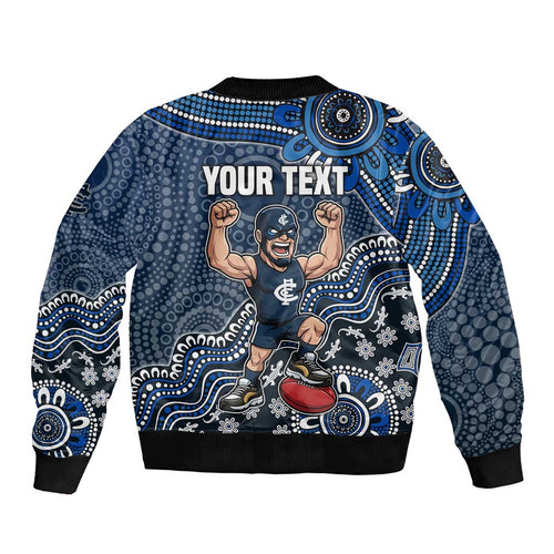 Personalized Carlton Blues Football Mascot Bomber Jacket Aboriginal Dot Art Style Vibrant Indigenous Pattern Design