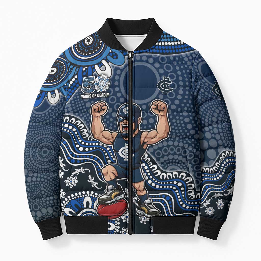 Personalized Carlton Blues Football Mascot Bomber Puffer Jacket Aboriginal Dot Art Style Vibrant Indigenous Pattern Design