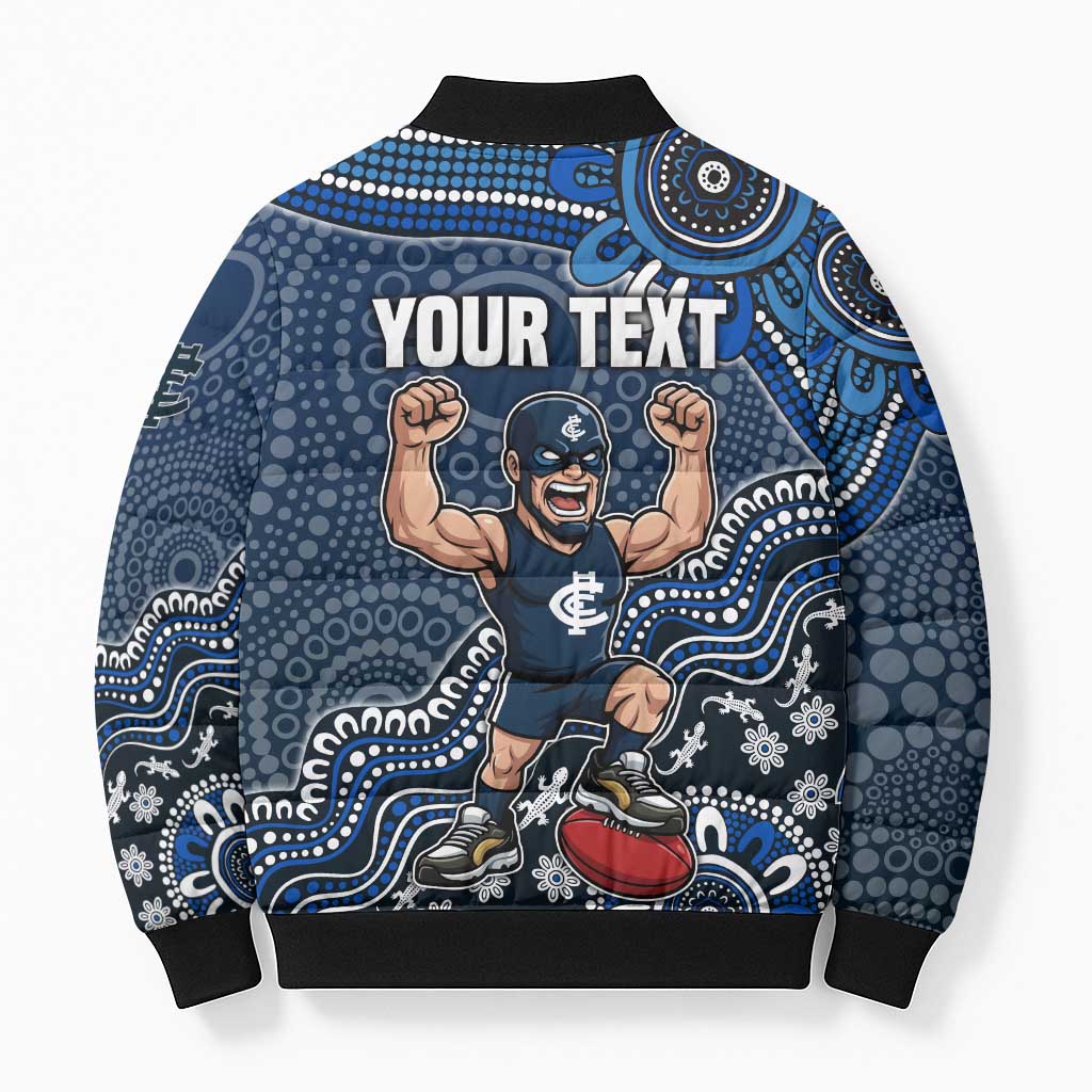 Personalized Carlton Blues Football Mascot Bomber Puffer Jacket Aboriginal Dot Art Style Vibrant Indigenous Pattern Design