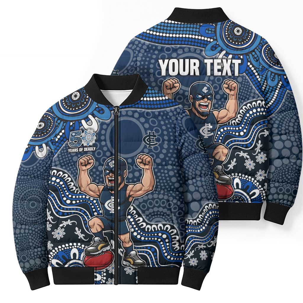 Personalized Carlton Blues Football Mascot Bomber Puffer Jacket Aboriginal Dot Art Style Vibrant Indigenous Pattern Design