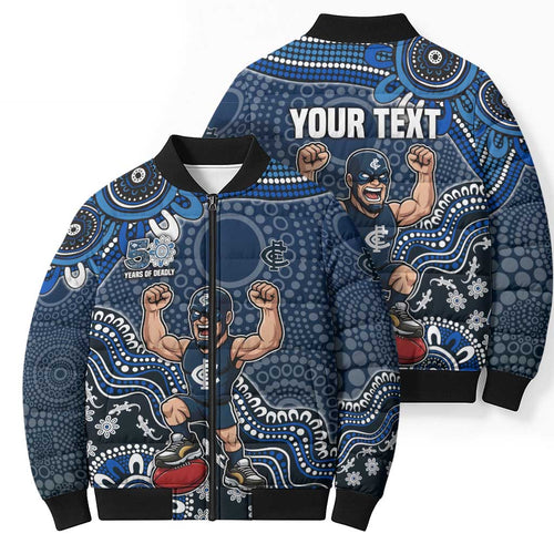 Personalized Carlton Blues Football Mascot Bomber Puffer Jacket Aboriginal Dot Art Style Vibrant Indigenous Pattern Design