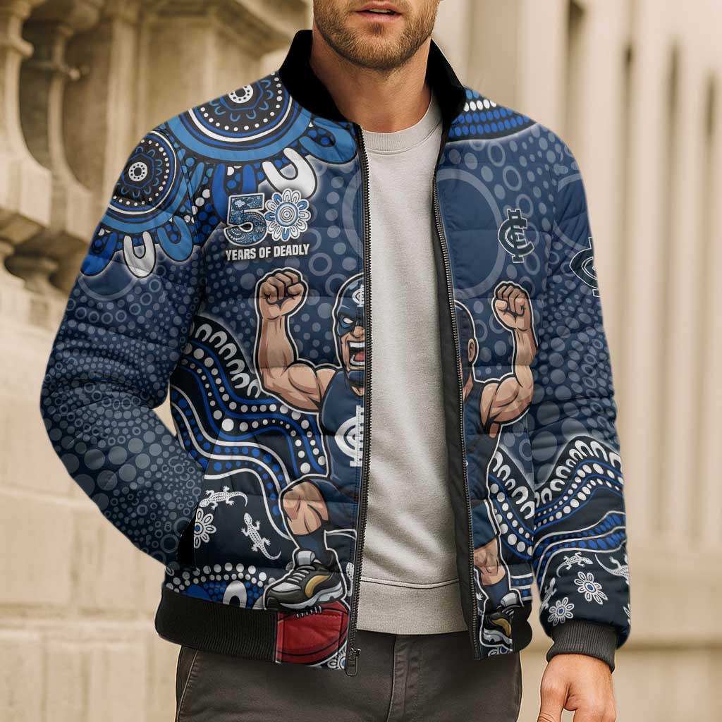 Personalized Carlton Blues Football Mascot Bomber Puffer Jacket Aboriginal Dot Art Style Vibrant Indigenous Pattern Design