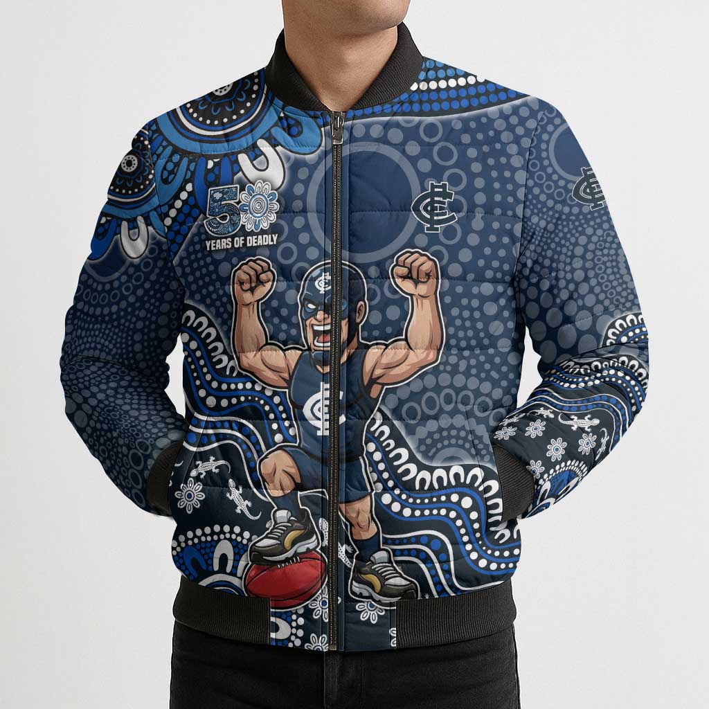 Personalized Carlton Blues Football Mascot Bomber Puffer Jacket Aboriginal Dot Art Style Vibrant Indigenous Pattern Design