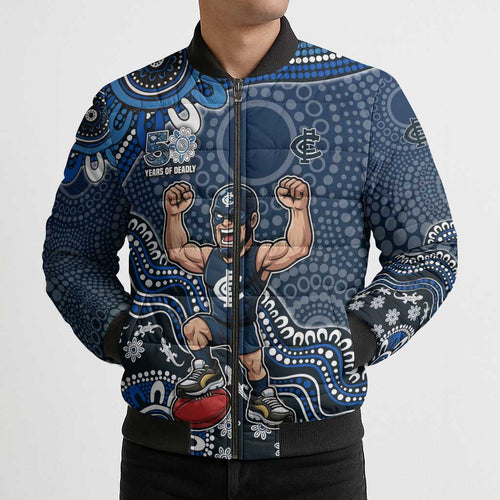 Personalized Carlton Blues Football Mascot Bomber Puffer Jacket Aboriginal Dot Art Style Vibrant Indigenous Pattern Design