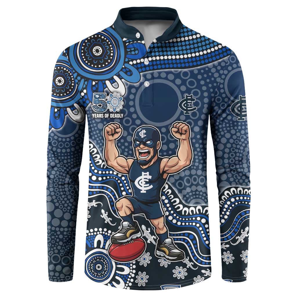 Personalized Carlton Blues Football Mascot Button Sweatshirt Aboriginal Dot Art Style Vibrant Indigenous Pattern Design